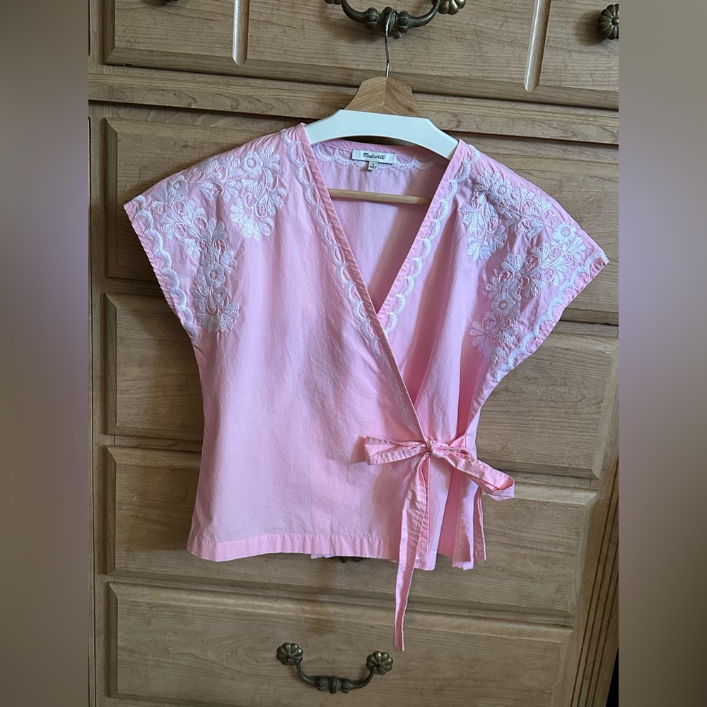 Madewell Pink Embroidered Wrap Blouse